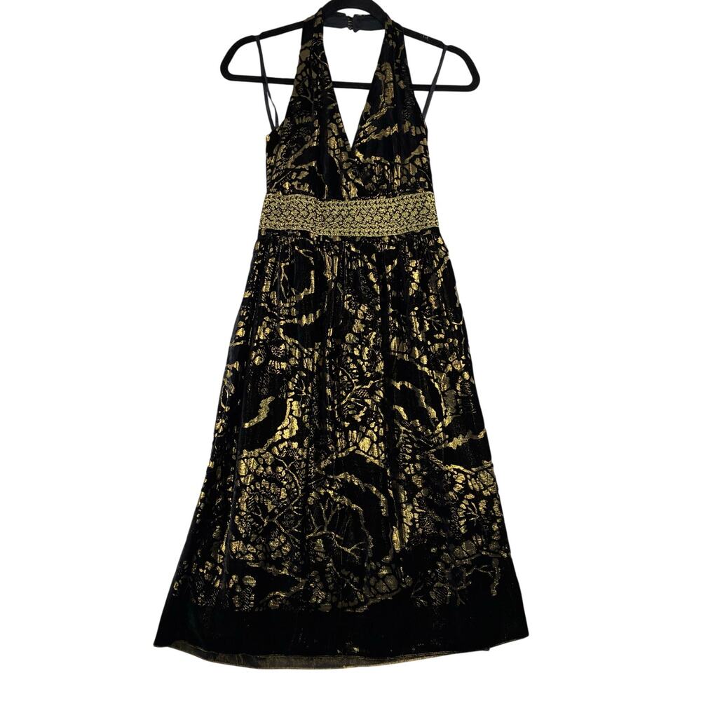 Cynthia Steffe Black Velvet Silk Blend Midi Dress Womenās 4 Gold Jacquard Halter